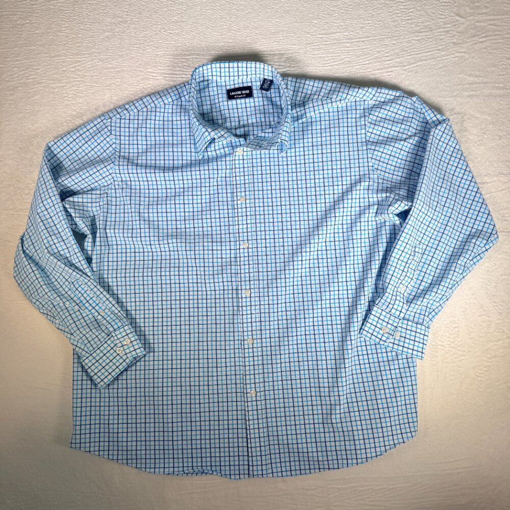 Lands End Shirt Men's XXL 18-18 1/2, 34/35, Long Sleeve Button Blue Plaid Button
